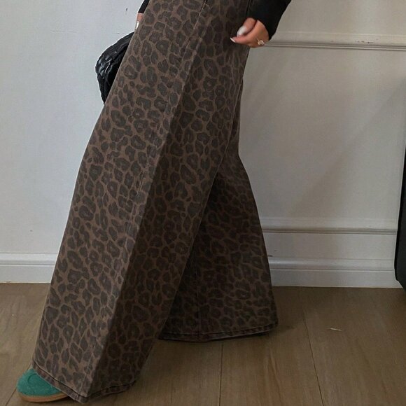 Coffee Brown Casual Women's Loose Leopard Print Cotton Pants - Picture 9 of 9